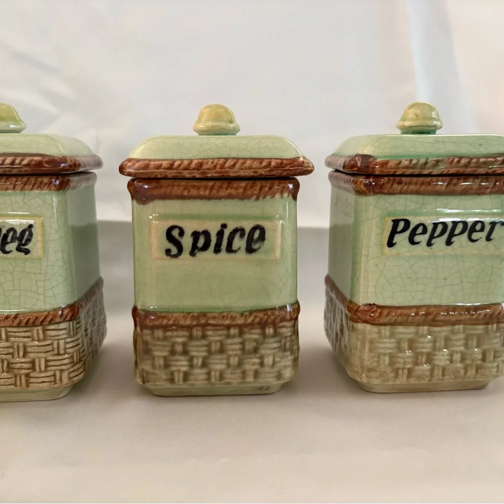 Vintage Japanese Green Ceramic Spice Canister Set - 4 Piece - Picture 3 of 10